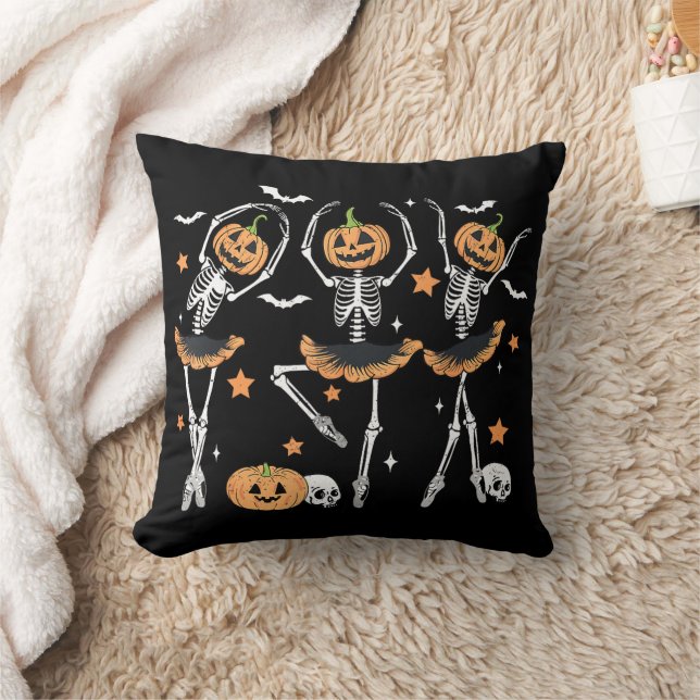 Ballet Pumpkin Skeleton Scary Halloween Throw Pillow (Blanket)