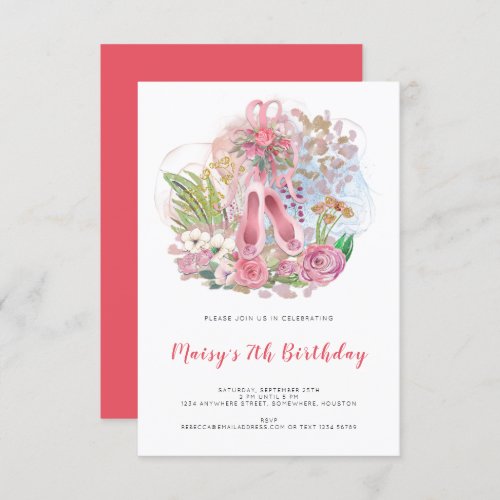 Ballet Pumps Florals Pink Girl 7th Birthday Party Invitation