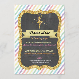 Ballet Rainbow Pink Gold Glitter Birthday Invite