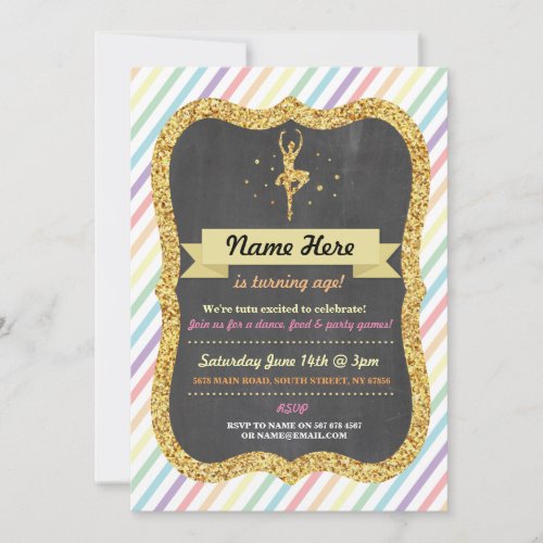 Ballet Rainbow Pink Gold Glitter Birthday Invite