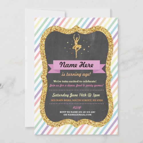 Ballet Rainbow Tutu Gold Glitter Birthday Invite