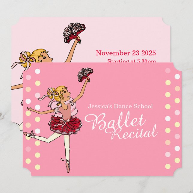 Ballet recital kids ballerina pink invitations (Front/Back)