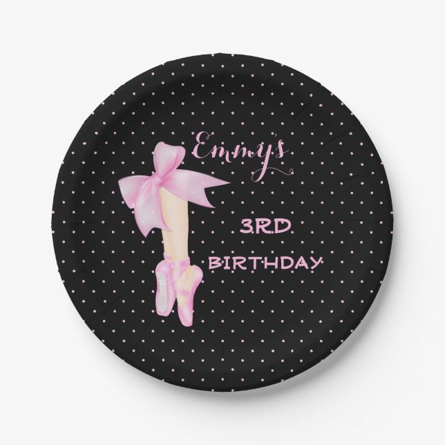 Ballet Shoes Ballerina Pink & Black Polka Dot Paper Plates (Front)
