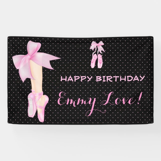 Ballet Shoes Bow Pink & Black Polka Dot Banner (Horizontal)