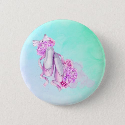 Ballet Shoes Bows and Peonies in Pink Watercolors Pinback Button