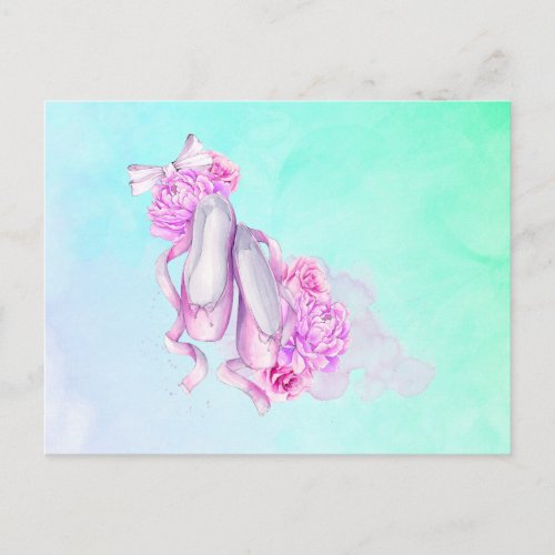 Ballet Shoes Bows and Peonies in Pink Watercolors Postcard