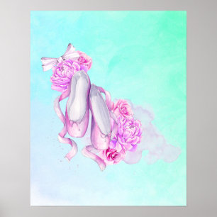 Ballet Shoes Bows and Peonies in Pink Watercolors Poster