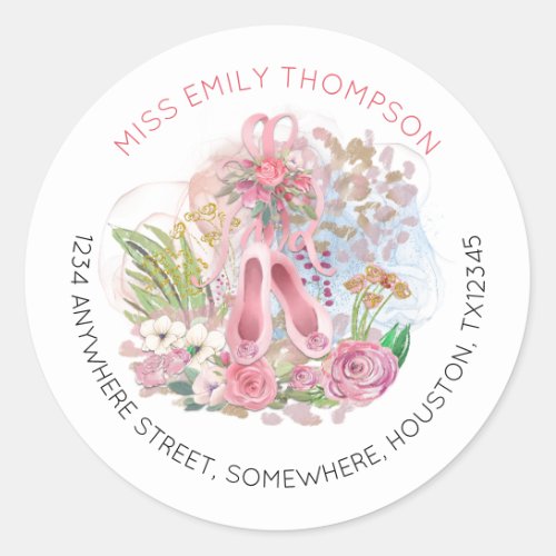 Ballet Shoes Floral Name Return Address Classic Round Sticker