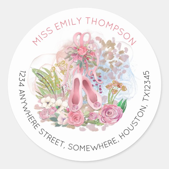 Ballet Shoes Floral Name Return Address Classic Round Sticker (Front)