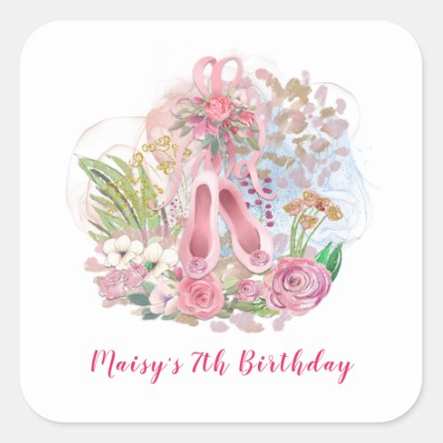 Ballet Shoes Florals Pink Girl 7th Birthday Party Square Sticker