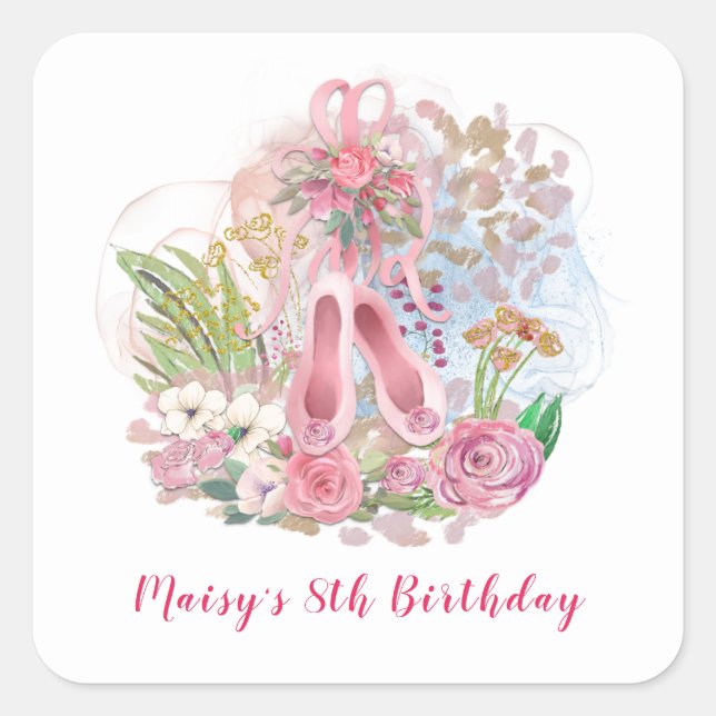 Ballet Shoes Florals Pink Girl 8th Birthday Party Square Sticker (Front)
