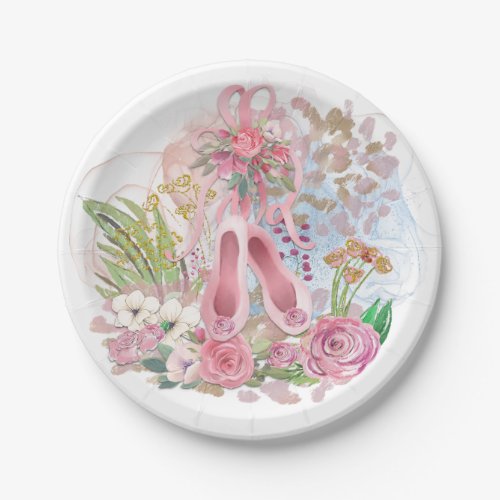 Ballet Shoes Florals Pink Gold Glitter Party Paper Plates