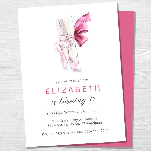Ballet Shoes Pink Watercolor Birthday Party Invitation