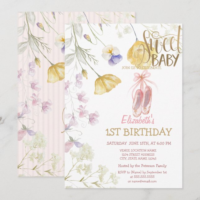  Ballet Shoes Stripe Wildflowers Birthday  Invitation (Front/Back)
