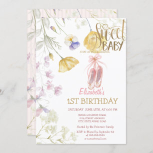 Ballet Shoes Stripe Wildflowers Birthday Invitation