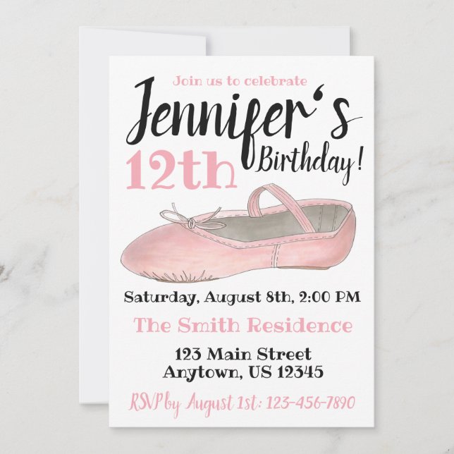 Ballet Slipper Dance Shoe Birthday Party Recital Invitation (Front)