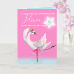 Ballet swan granddaughter belated 8th birthday card<br><div class="desc">Watercolor whimsy swan personalized name and age birthday card. Personalize with your own name and age, reads To our beautiful granddaughter Felicia 8 and message inside reads we hope you have a wonderful day! Pretty shades of pink, aqua blue, and white. Other matching dancing ballerina swan items available. An original...</div>