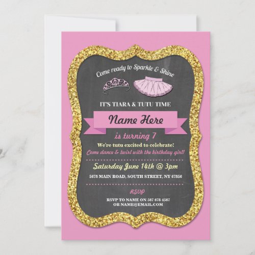 Ballet Tiara Tutu Pink Gold Glitter Birthday Party Invitation