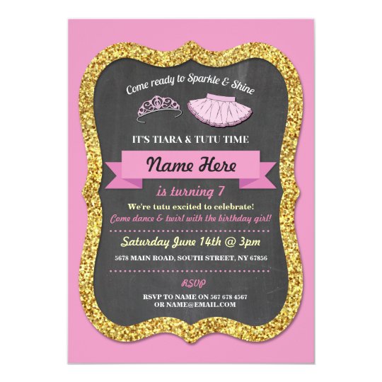 ballet tiara tutu pink gold glitter birthday party invitation