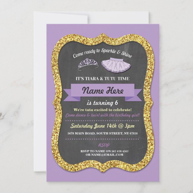 Ballet Tiara Tutu Purple Glitter Birthday Invite (Front)
