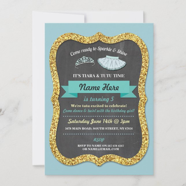 Ballet Tiara Tutu Teal Glitter Birthday Invitation (Front)
