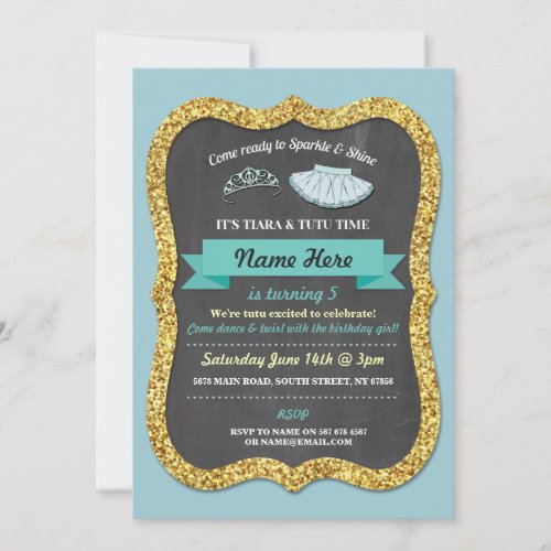 Ballet Tiara Tutu Teal Glitter Birthday Invitation