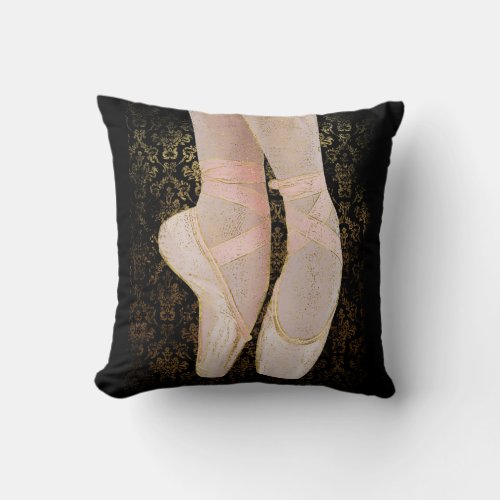 Ballet Toe Shoes _ Black Pink Gold Throw Pillow