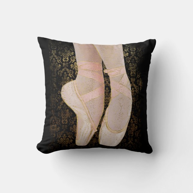 Ballet Toe Shoes - Black Pink Gold Throw Pillow (Front)