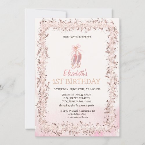 Ballet Toe Shoes Glitter Frame Birthday   Invitation