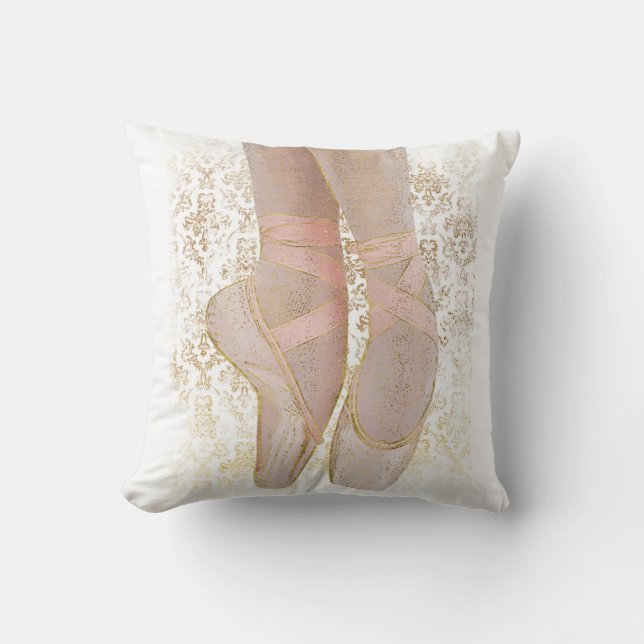 Ballet Toe Shoes - Pink Gold White Throw Pillow (Front)