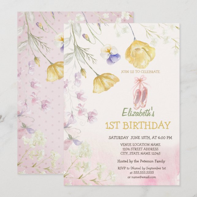 Ballet Toe Shoes Wildflowers Birthday  Invitation (Front/Back)
