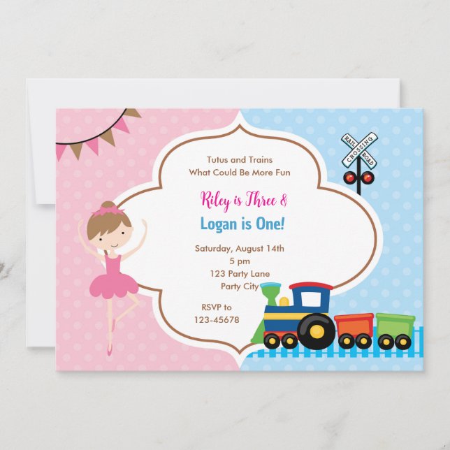 Ballet & Train Joint Boy Girl Birthday Invitations (Front)