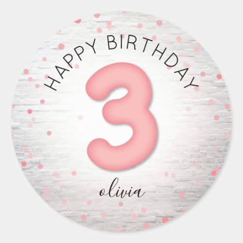 Ballon 3rd Birthday Brick Pink Confetti Classic Round Sticker