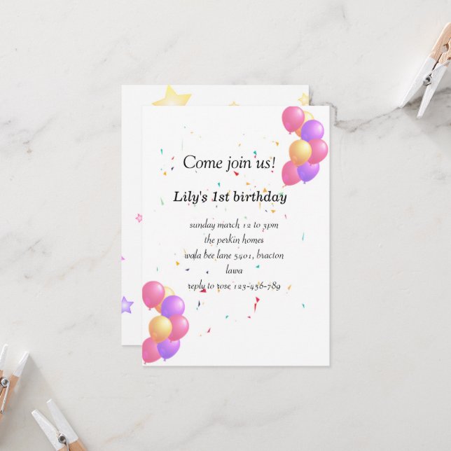 Ballon birthday invitation card for cute baby (Front/Back In Situ)
