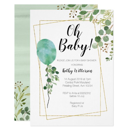 Ballon Watercolor Greenery oh baby shower Invitation | Zazzle.com
