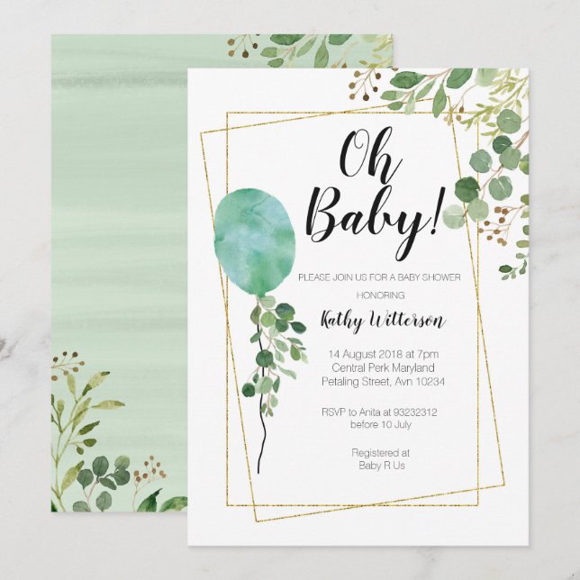 Ballon Watercolor Greenery oh baby shower Invitation (Front/Back)