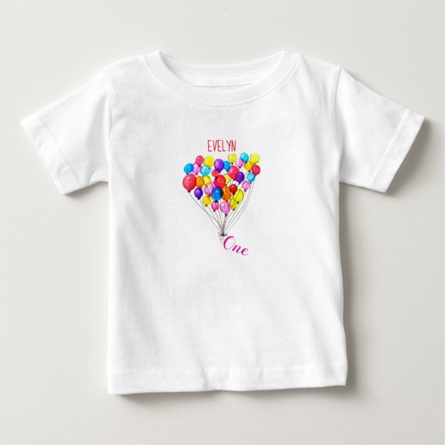 BALLOON 1st Birthday Personalized One Painted Pink Baby T-Shirt (Front)