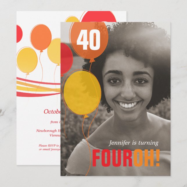 Balloon 40th FOUROH! photo birthday invitations (Front/Back)