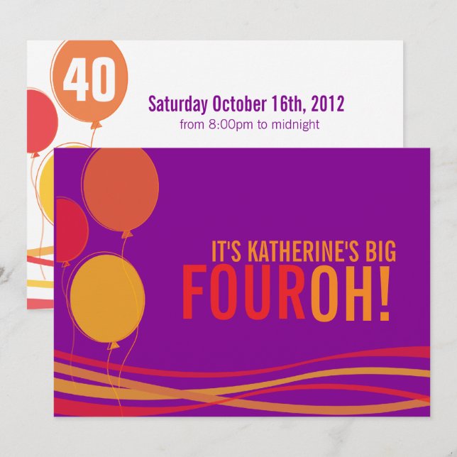 Balloon 40th FOUROH! photo birthday invite (Front/Back)
