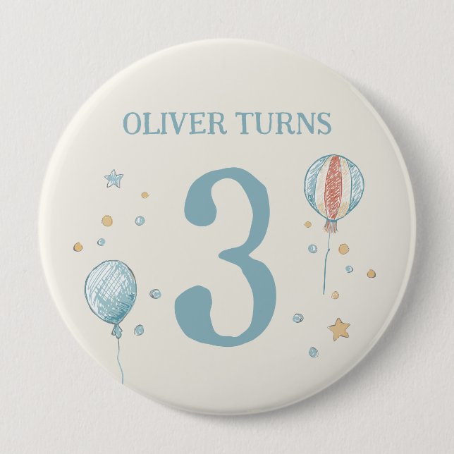 Balloon and Stars Large Birthday Badge Button (Front)