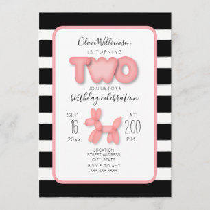 Balloon Animal Black + White Pink 2nd Birthday Invitation