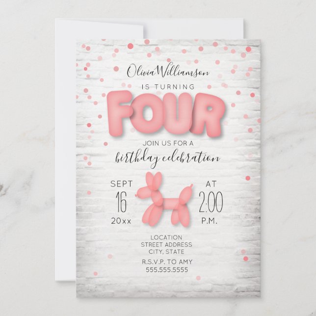 Balloon Animal Brick Confetti Pink 4th Birthday Invitation (Front)