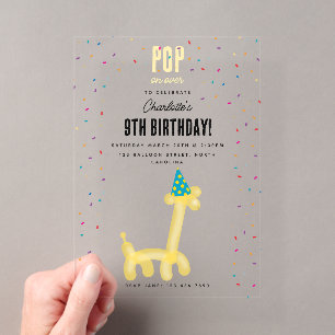 Balloon Animals Giraffe Kids Birthday Party Theme Acrylic Invitations