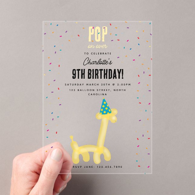 Balloon Animals Giraffe Kids Birthday Party Theme Acrylic Invitations (Insitu (Handheld))