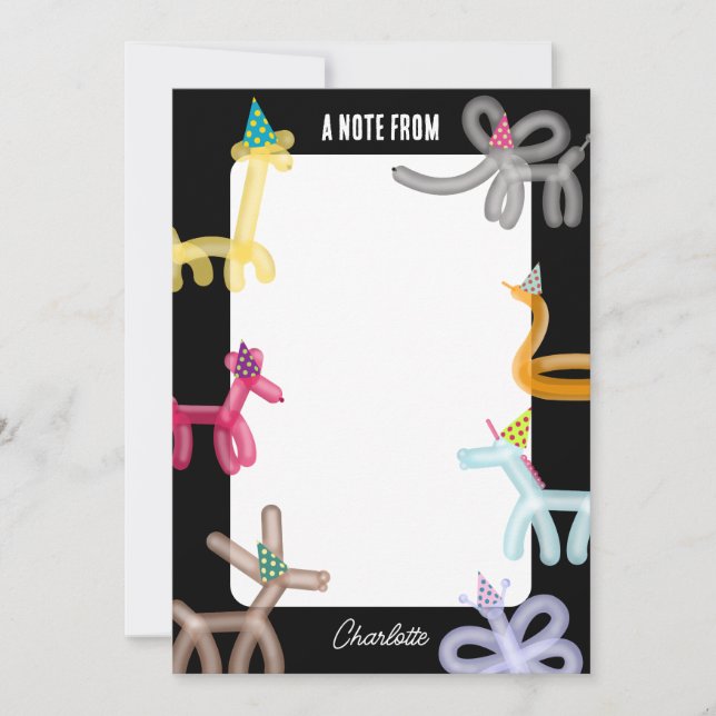 Balloon Animals Kids Party Theme Note Card (Front)