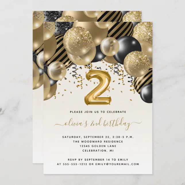 Balloon Arch Black Gold 2nd Birthday Party Invitation | Zazzle