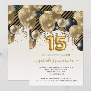 Balloon Arch Black Gold Quinceañera Invitation