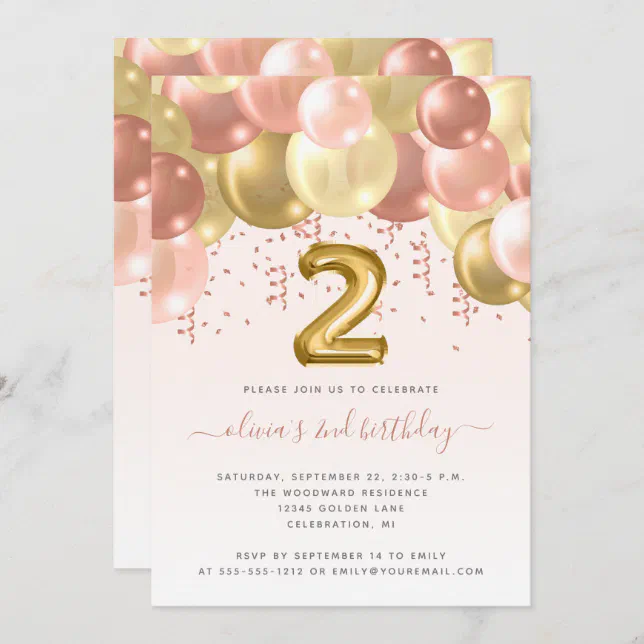 Balloon Arch Blush Gold Girls 2nd Birthday Party Invitation 