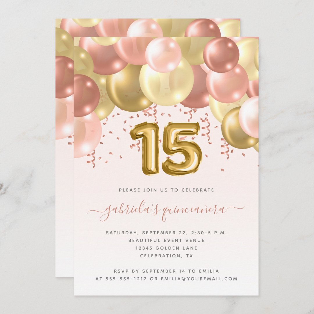 Balloon Arch Blush Gold Quinceañera Invitation | Zazzle