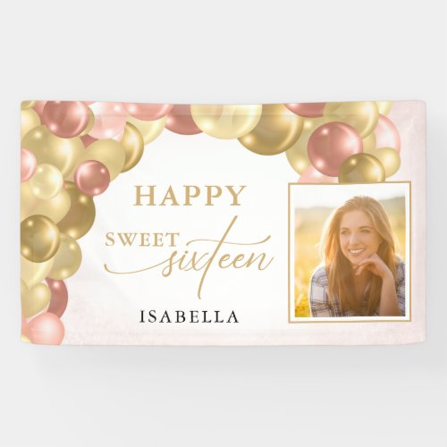 Balloon Arch Happy Sweet 16 Party Photo Banner - This sweet 16 banner features a photo and is accented with an elegant balloon arch in the colors of pink, rose gold and gold. 